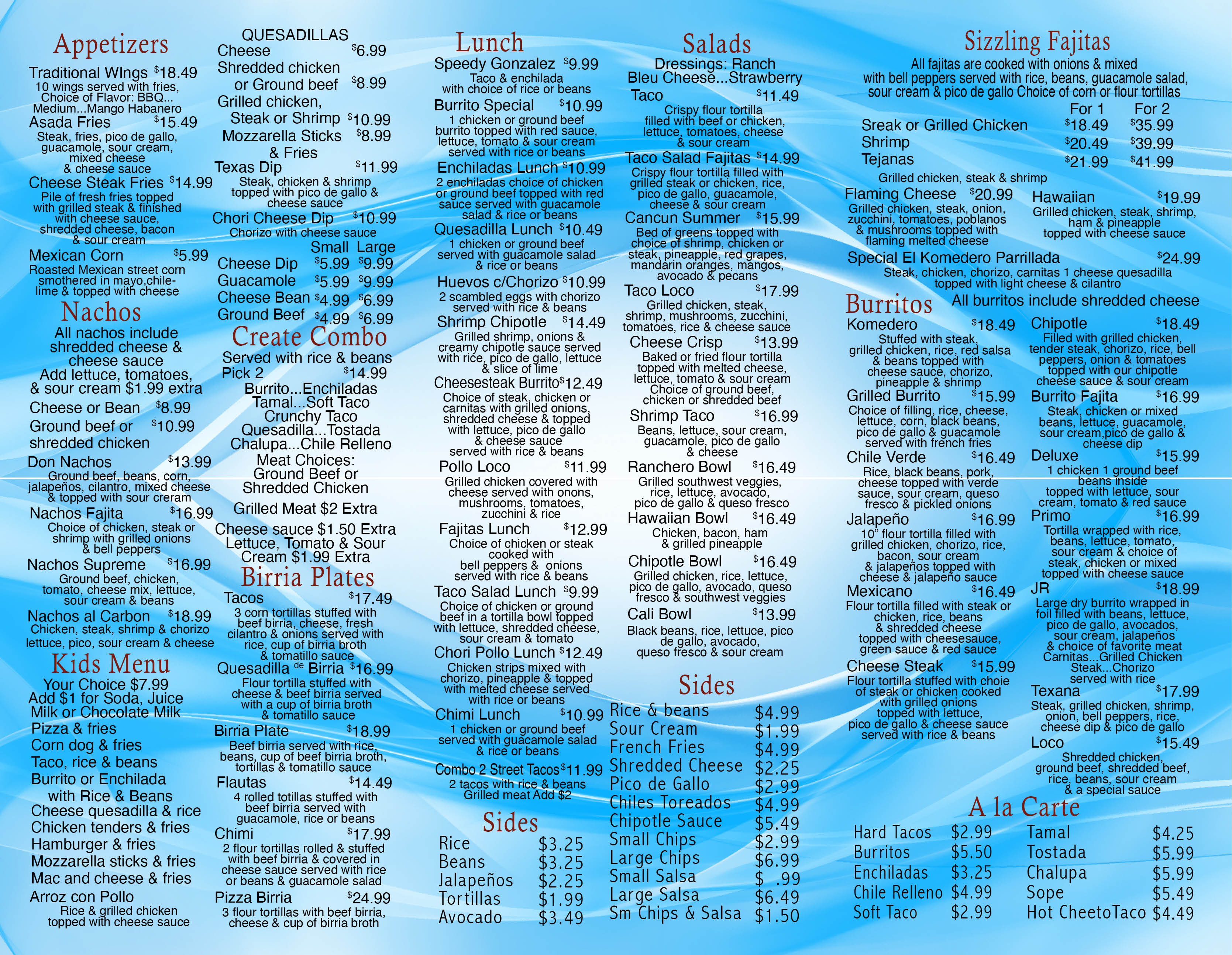 To Go Menus. Tri Fold